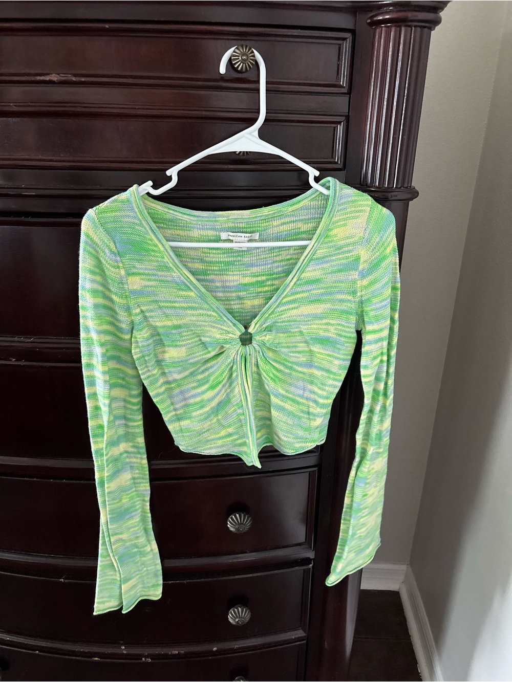 American Eagle Outfitters Green Multi-Stripe V-Neck Tie-Front Long Sleeve Top